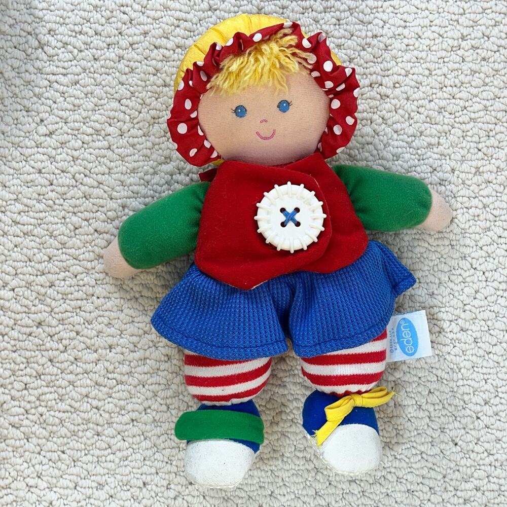 Vintage Eden Baby Doll Plush Primary Colors Learning Toy Button Tie Rattle 10"